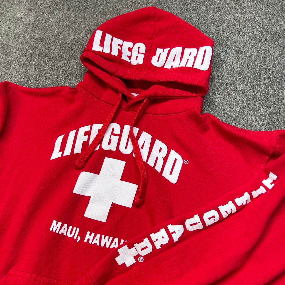 Lifeguard Maui Hawaii Hoodie Red Pullover‎ Sweatshirt Mens Large Logo Sleeve
